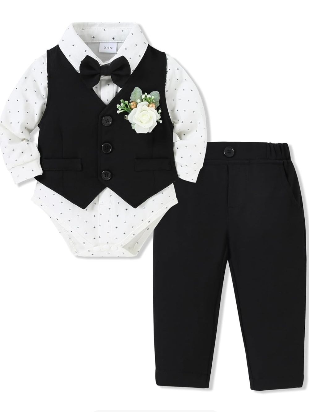 Baby Boys' Black & White Formal Matching Set with Floral Boutonniere